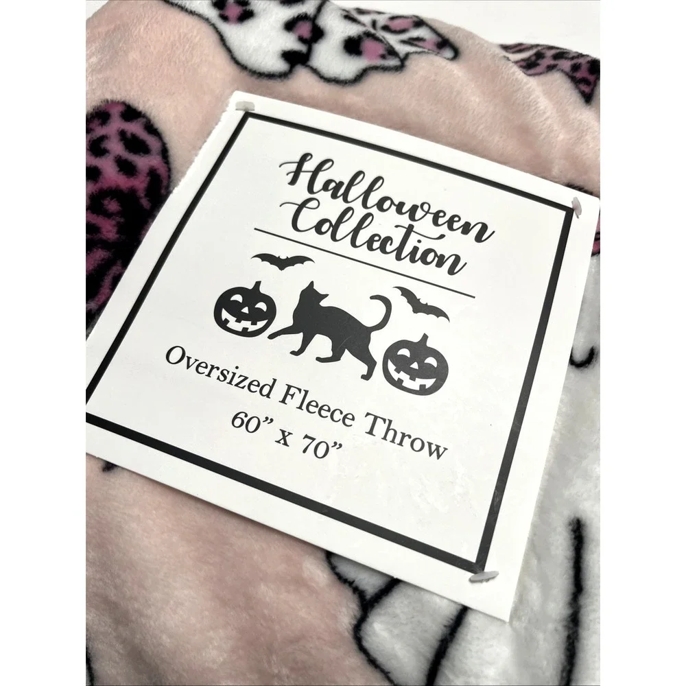 NWT Halloween Pink Ghost Plush Throw Blanket 60x70 Coquette Leopard Bow Soft